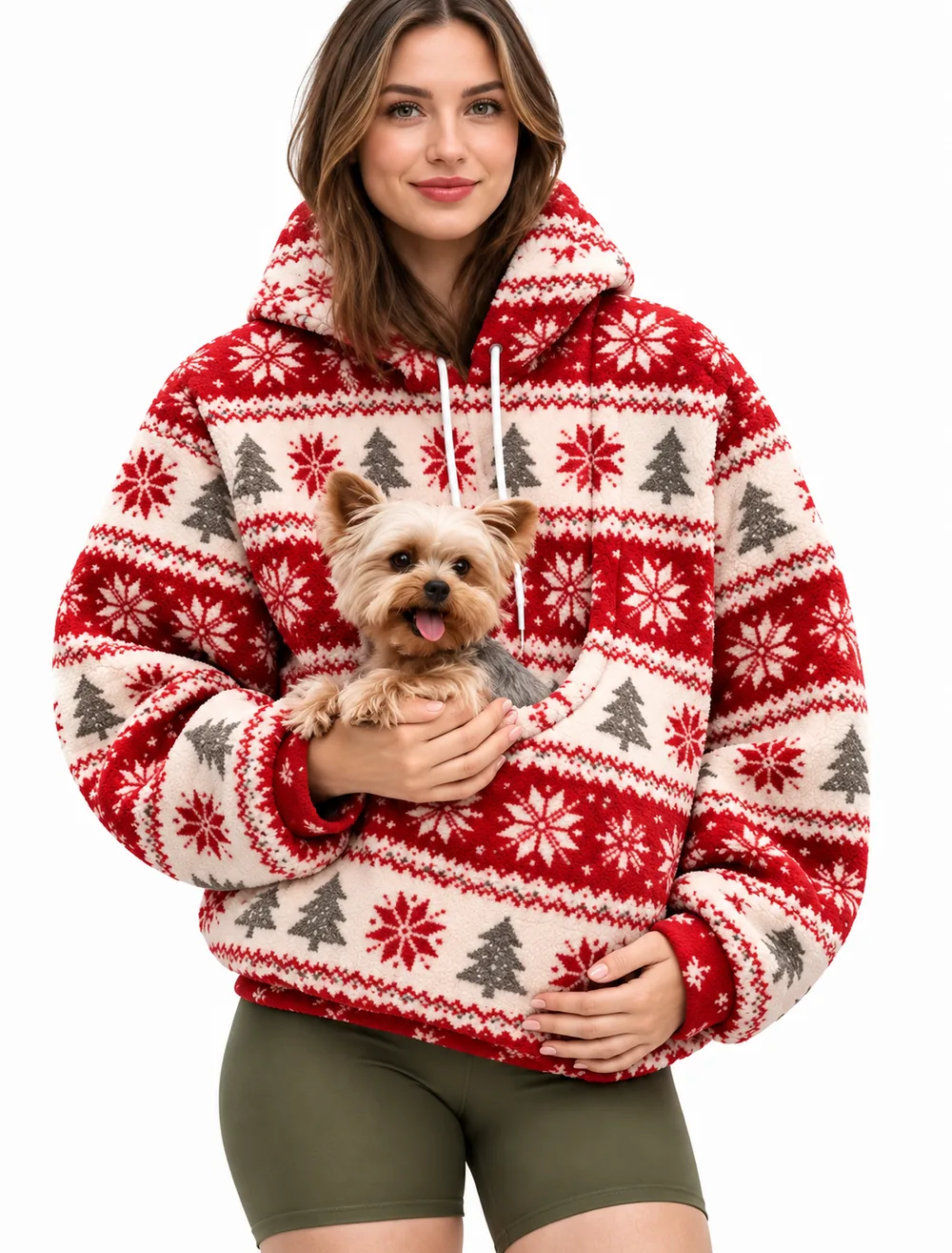 Sweat CuddleCarry coloris Noël, petit chien dans la poche avant